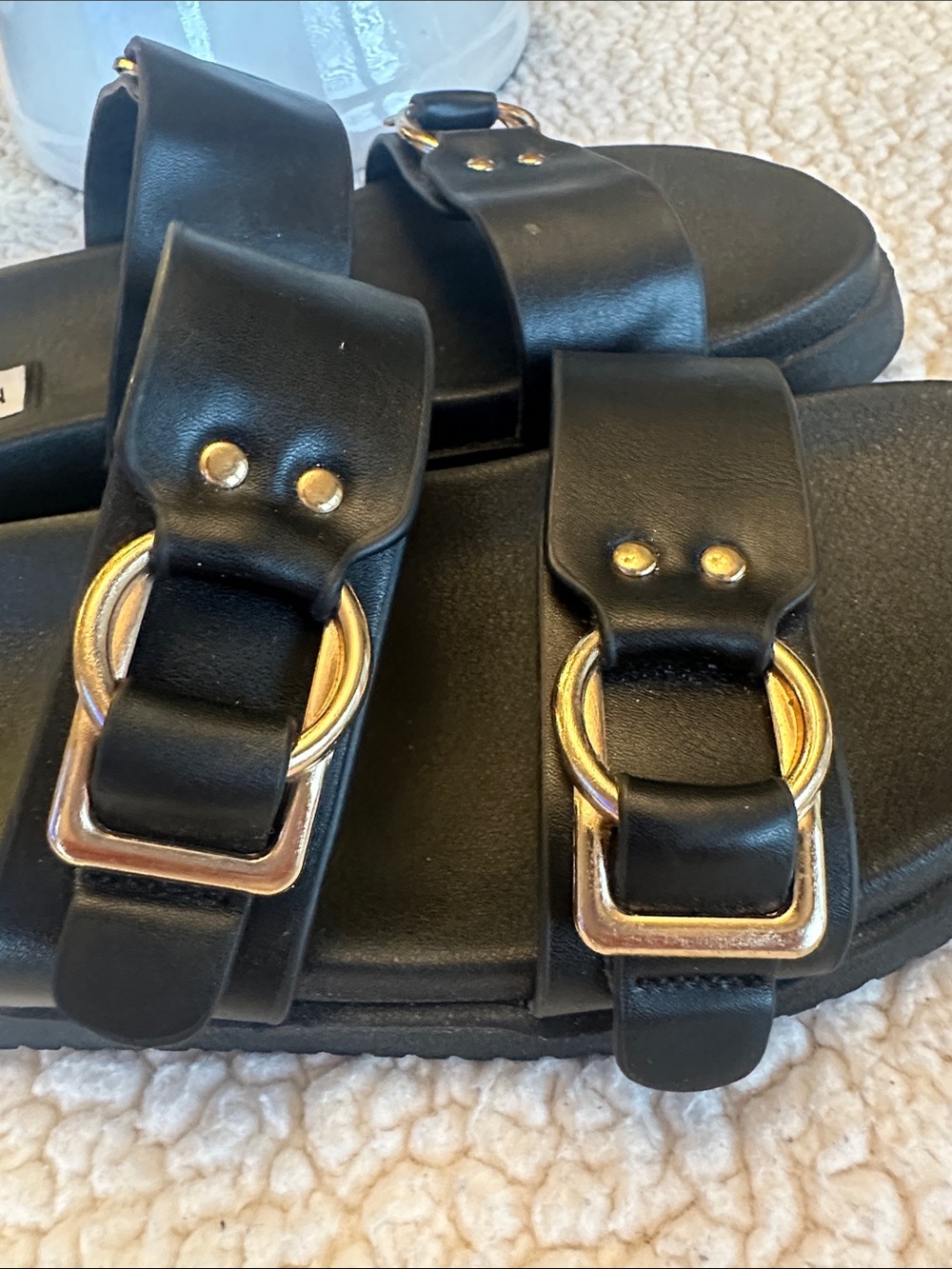 Steve Madden Black Slide Sandals with Gold Buckles Sz 8.5 - Picture 9 of 10